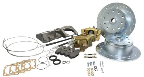 Rear Disc Brake Kit, Swing Axle Bug 1958-67, Double-Drilled Pattern, 5x130 with 14x1.5mm Threads 5x4.75" with 12mm Threads, Drilled and Slotted Braking Surface